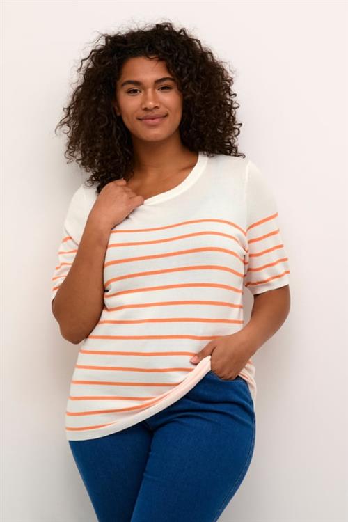 Kaffe Curve Kcmalia Narrow Stripe Pullover Kvinde Chalk / Melon Stripe Sweaters Str S - hos Magasin