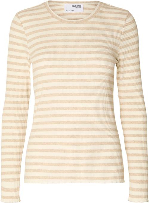 Selected Femme Slfanna LS Crew Neck TEE STR Noos Kvinde Oatmeal/w Snow White Stripes Langærmede T-shirts Regular Fit Str XS - hos Magasin