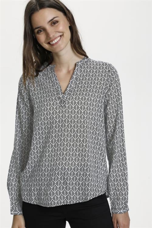 Kaffe Kafana Tilly Blouse Kvinde Black / Chalk Fan Print Langærmede Bluser Regular Fit Str 40 - hos Magasin