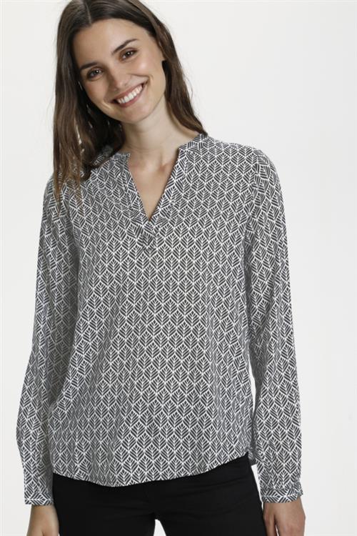 Kaffe Kafana Tilly Blouse Kvinde Black / Chalk Fan Print Langærmede Bluser Regular Fit Str 36 - hos Magasin