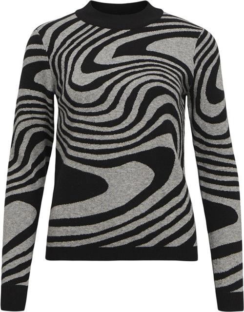 Se Object Objray L/S Knit Pullover AOP Noos Kvinde Black/medium Grey Melange Zebra Toppe Str L - hos Magasin ved Magasin