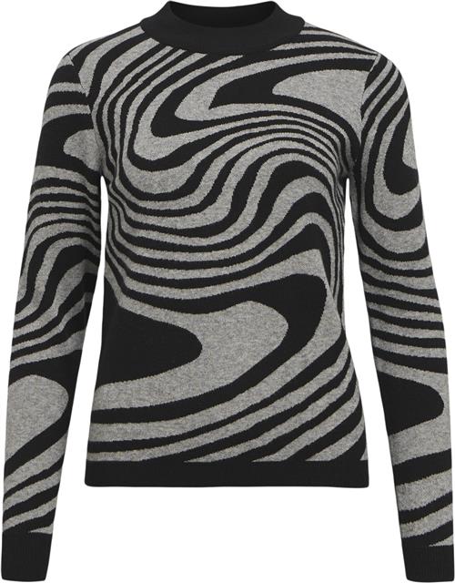 Object Objray L/S Knit Pullover AOP Noos Kvinde Black/medium Grey Melange Zebra Toppe Str XL - hos Magasin