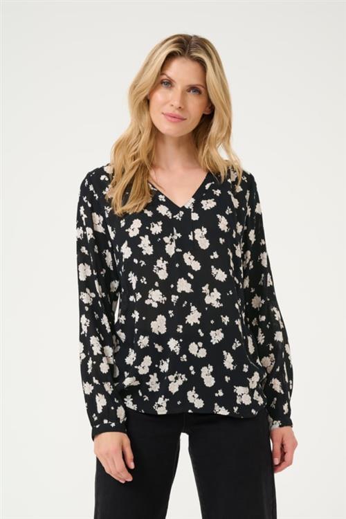 Se Kaffe Kaamber Blouse LS Printed Kvinde Black/white Flower Print Langærmede Bluser Str 44 - hos Magasin ved Magasin