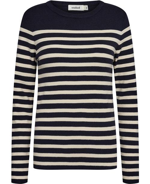 Soaked in Luxury Slpina Striped Tee LS Kvinde Night Sky With White Stripe Sweaters Regular Fit Str XS - hos Magasin