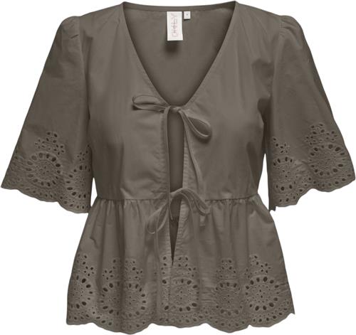 ONLY Onlmilia SS Vneck BOW EMB TOP WVN Kvinde Walnut Toppe Str S - hos Magasin