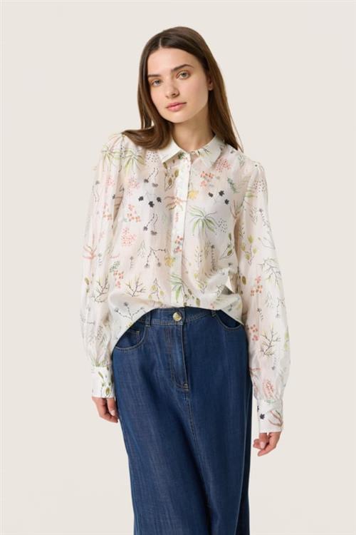 Se Soaked in Luxury Slvenya Paris Shirt LS Kvinde White Botanical Print Langærmede Skjorter Classic Fit Str L - hos Magasin ved Magasin