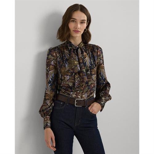 Se Lauren Ralph Lauren Paisley Satin Charmeuse Tieneck Blouse Kvinde Navy Langærmede Skjorter Str S - Polyester hos Magasin ved Magasin