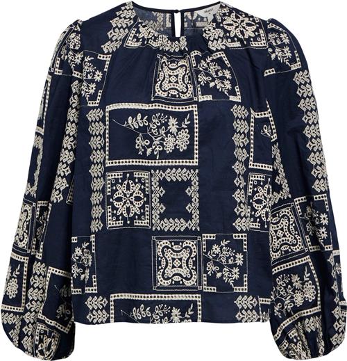 Object Objdicte LO L/S TOP CC1 AW Kvinde Sky Captain/white Sand Embroidery Toppe Str 38 - hos Magasin