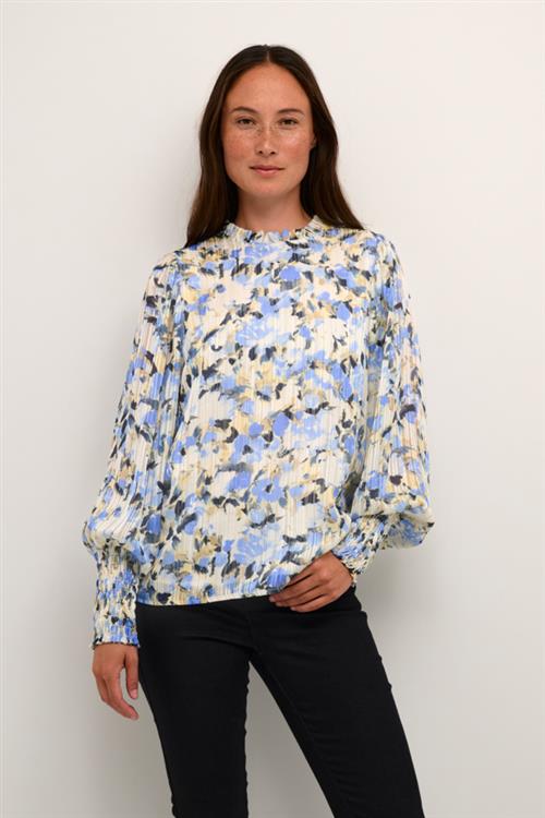 Kaffe Kaeva Shirt Kvinde Blue/yellow Painted Flower Langærmede Bluser Str 46 - hos Magasin