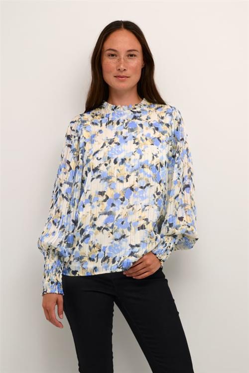 Kaffe Kaeva Shirt Kvinde Blue/yellow Painted Flower Langærmede Bluser Str 36 - hos Magasin