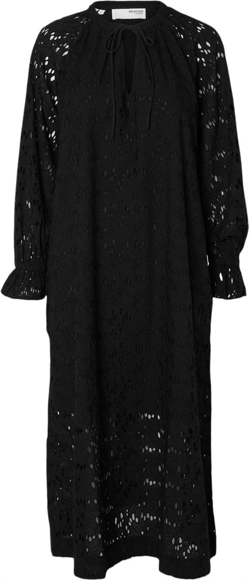 Selected Femme Slfsonora LS Ankle Broderi Dress EX Kvinde Sort Midi Kjoler Regular Fit Str 42 - Bomuld hos Magasin