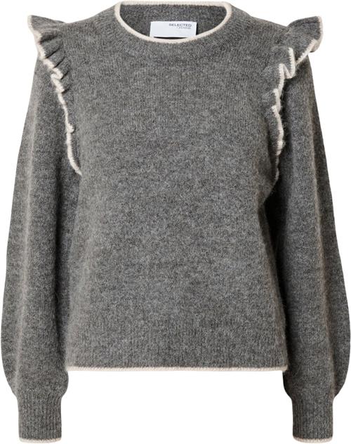 Se Selected Femme Slfalva Frills LS Knit Oneck Kvinde Grå Sweaters Str S - hos Magasin ved Magasin