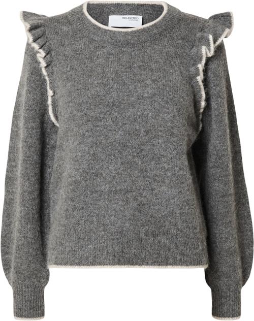 Se Selected Femme Slfalva Frills LS Knit Oneck Kvinde Grå Sweaters Str M - hos Magasin ved Magasin