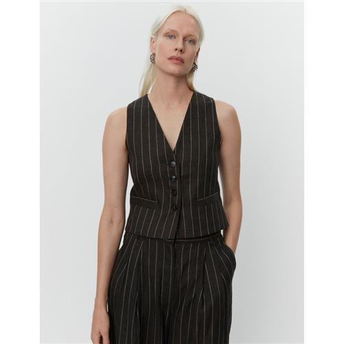 DAY Birger et Mikkelsen Frida Casual Linen Stripe Kvinde Chocolate Brown Veste Str 38 - hos Magasin