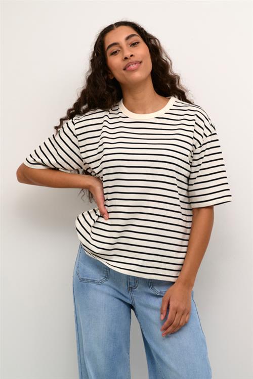 Kaffe Kawinny 1/2 Sleeve Tshirt Kvinde Antique White/black Stripe Kortærmede T-shirts Str S - hos Magasin