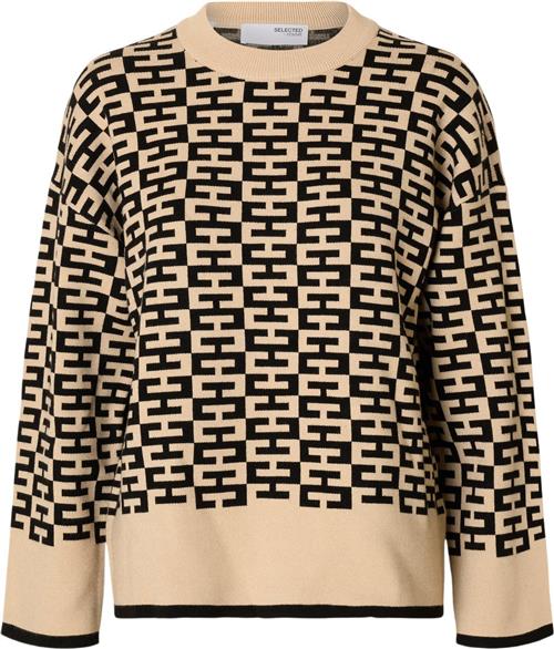 Selected Femme Slfkamma LS Knit Oneck D2 Kvinde Irish Cream/black Sweaters Str L - hos Magasin