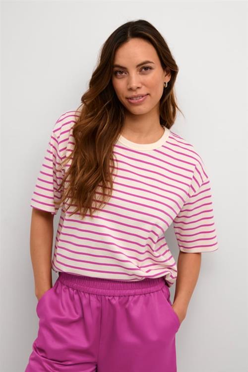 Kaffe Kawinny 1/2 Sleeve Tshirt Kvinde Ant. White/fuchsia Stripe Kortærmede T-shirts Str S - hos Magasin