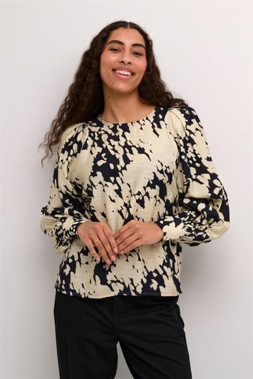 Kaffe Kalouise Blouse Kvinde Black/sand Graphic Cloud Langærmede Bluser Str 46 - hos Magasin