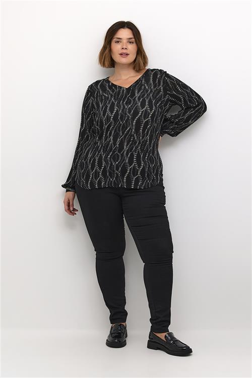 Se Kaffe Curve Kcami LS Blouse Printed Kvinde Black/grey Graphic Simili Langærmede Bluser Str 48 - hos Magasin ved Magasin