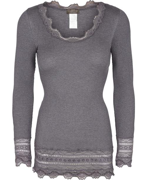 Se Rosemunde Silk Tshirt Medium ls W/wide Lace Kvinde Grå Langærmede T-shirts Str XS - hos Magasin ved Magasin