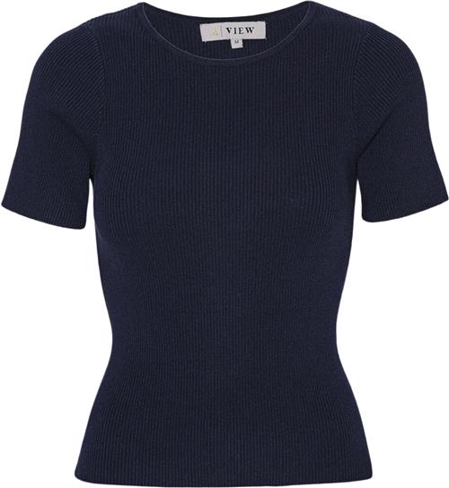 A-VIEW Rib Knit Short Sleeve top Kvinde Navy Kortærmet Strik Tight Fit Str XS - hos Magasin