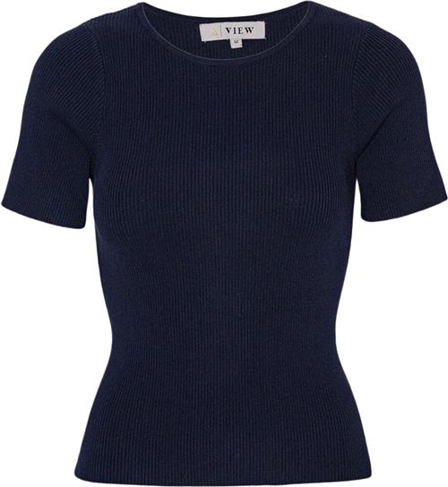 A-VIEW Rib Knit Short Sleeve top Kvinde Navy Kortærmet Strik Tight Fit Str L - hos Magasin