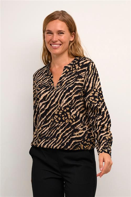 Se Kaffe Kaditte Blouse Kvinde Black And Brown Animal Print Langærmede Bluser Str 46 - hos Magasin ved Magasin