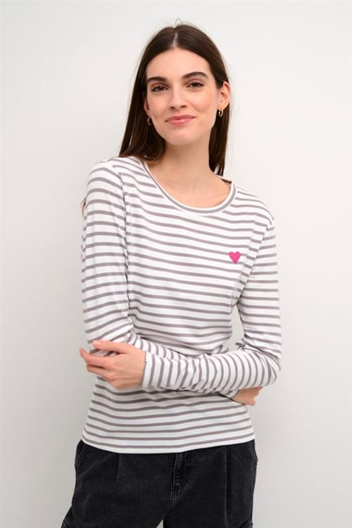 Kaffe Liddy Tshirt Kvinde Chalk/grey-fuchsia Heart Langærmede T-shirts Str L - hos Magasin