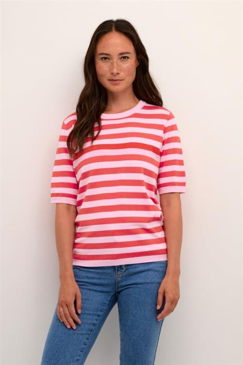 Kaffe Kamala Striped Knit Kvinde Pink Mist/cayenne Stripe Kortærmede T-shirts Str L - hos Magasin