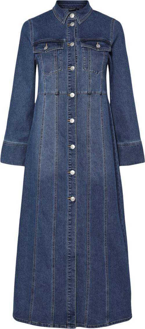 Pieces Pcfemma LS Long Denim Dress D2D FSY Kvinde Blå Maxi Kjoler Str L Denim - hos Magasin