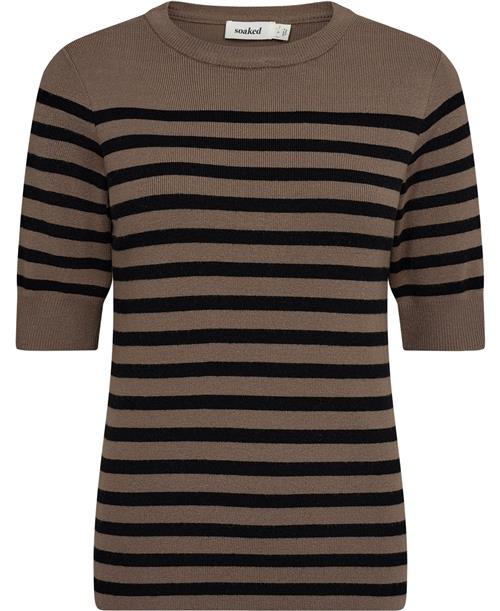 Soaked in Luxury Slpina Striped Tee Kvinde Walnut With Black Stripe Kortærmet Strik Regular Fit Str S - hos Magasin