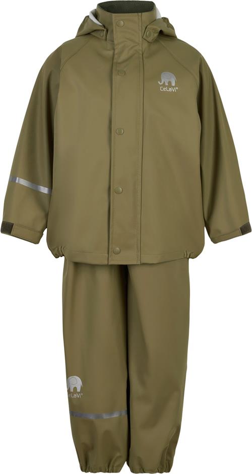 Se CeLaVi Basic Rainwear set Solid PU Str 80 Unisex - Khaki Regntøj hos Magasin ved Magasin