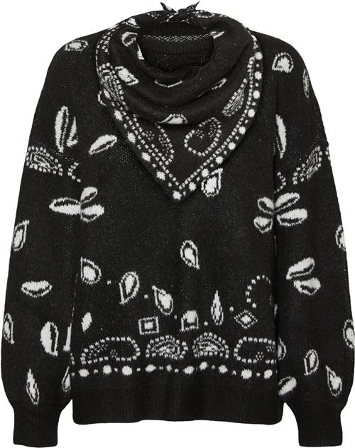 Something New Snanni LS Knit Pullover W. Scarf Kvinde Black/jacquard Sweaters Str XS - hos Magasin