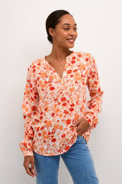 Kaffe Kaida BBB Blouse Kvinde Red And Orange Flower Print Langærmede Bluser Regular Fit Str 34 - hos Magasin