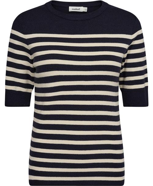 Soaked in Luxury Slpina Striped Tee Kvinde Night Sky With White Stripe Kortærmet Strik Regular Fit Str XS - hos Magasin