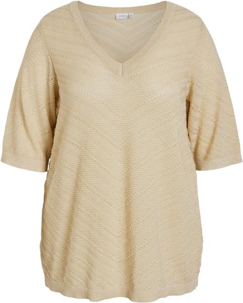 Evoked Vila Viesty Vneck 2/4 Glitter Knit Top/ Kvinde Birch/light Gold Glitter Kortærmede T-shirts Str 44 - hos Magasin