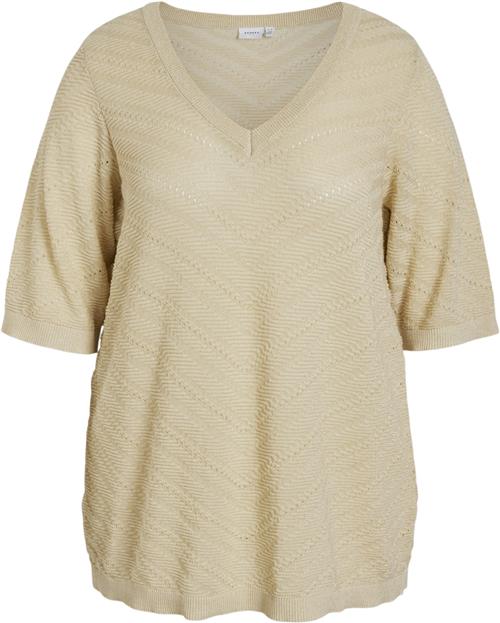 Evoked Vila Viesty Vneck 2/4 Glitter Knit Top/ Kvinde Birch/light Gold Glitter Kortærmede T-shirts Str 50 - hos Magasin