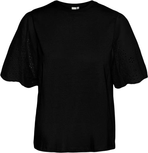 YAS Yaslex SS TOP W. EMB Sleeves S. NOO Kvinde Sort Kortærmede T-shirts Str S - hos Magasin