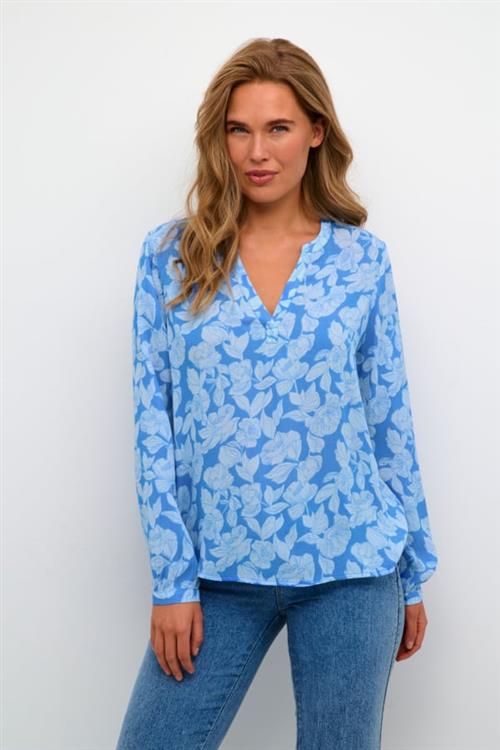 Kaffe Kalisa Blouse Kvinde Large Blue Flower Print Langærmede Bluser Str 44 - Viskose hos Magasin