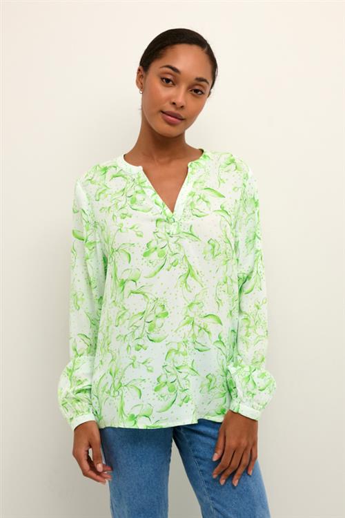 Kaffe Kaida BBB Blouse Kvinde Green Flower Print Langærmede Bluser Regular Fit Str 44 - hos Magasin