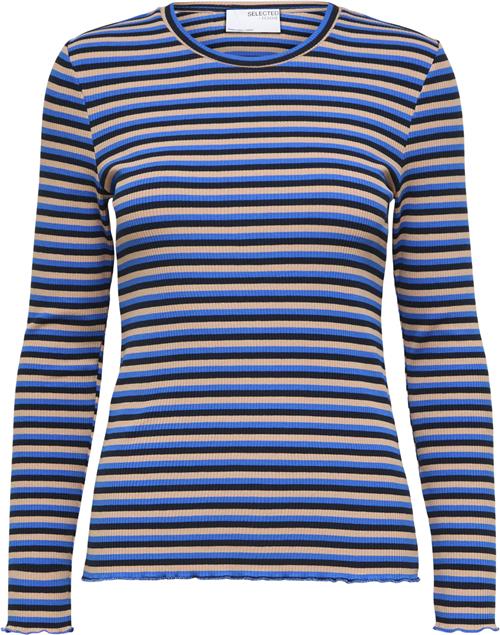 Se Selected Femme Slfanna LS Crew Neck TEE STR Noos Kvinde Dark Sapphire/multi Langærmede T-shirts Regular Fit Str XL - hos Magasin ved Magasin