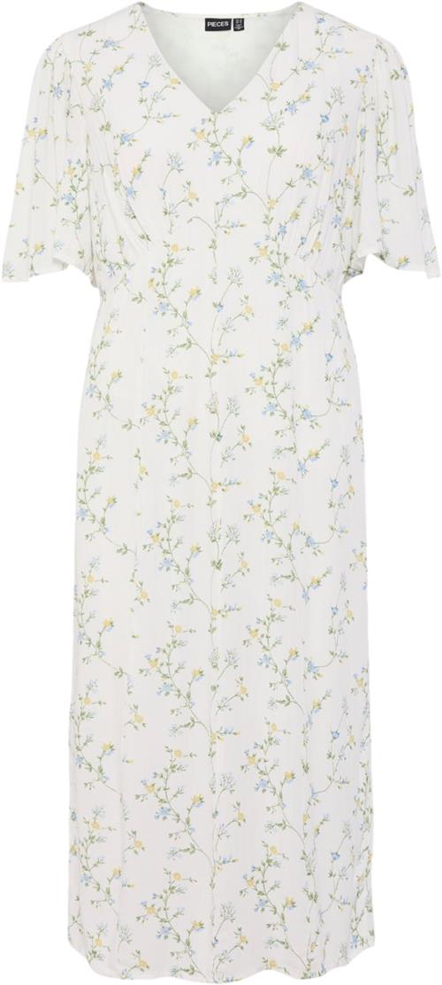 Pieces Pckary SS Vneck Midi Dress BC Kvinde Cloud Dancer/flower Field Midi Kjoler Regular Fit Str S - Silke hos Magasin