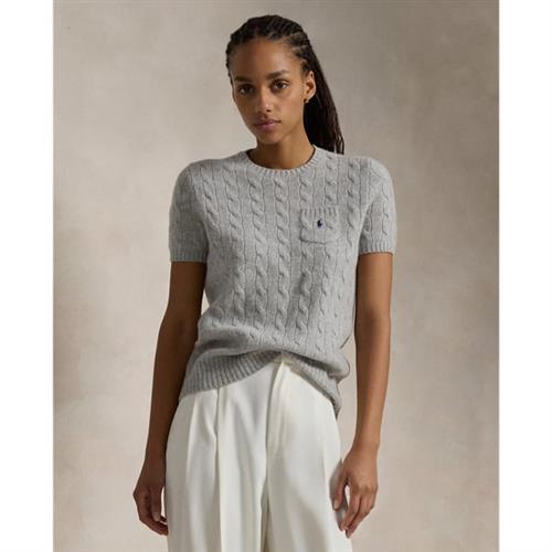 Polo Ralph Lauren Cable Woolcashmere Short-sleeve Sweater Kvinde Soft Grey Melange Kortærmet Strik Str L - Uld hos Magasin