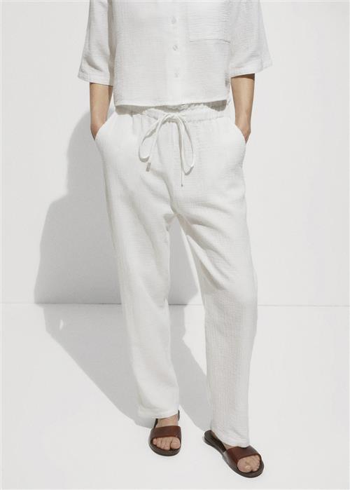 MANGO Elastic Waist Cotton Trousers Kvinde Natural White Bukser Med Brede Ben Str L - hos Magasin