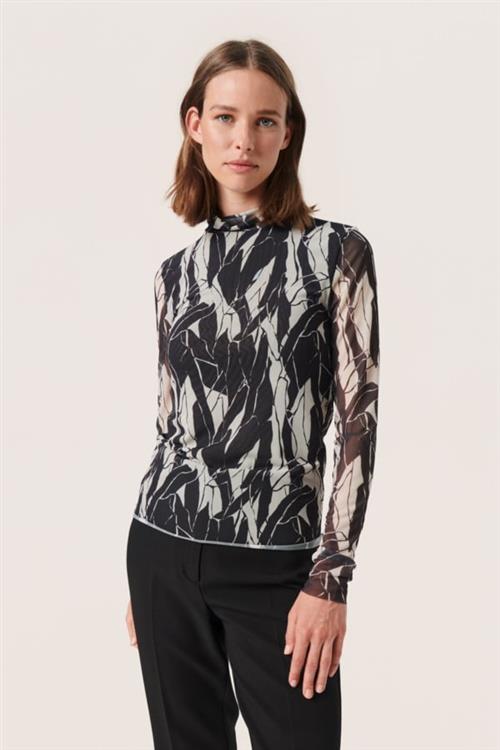 Soaked in Luxury Slaldora Mockneck LS Kvinde Black & White Rock Print Langærmede T-shirts Regular Fit Str L - hos Magasin