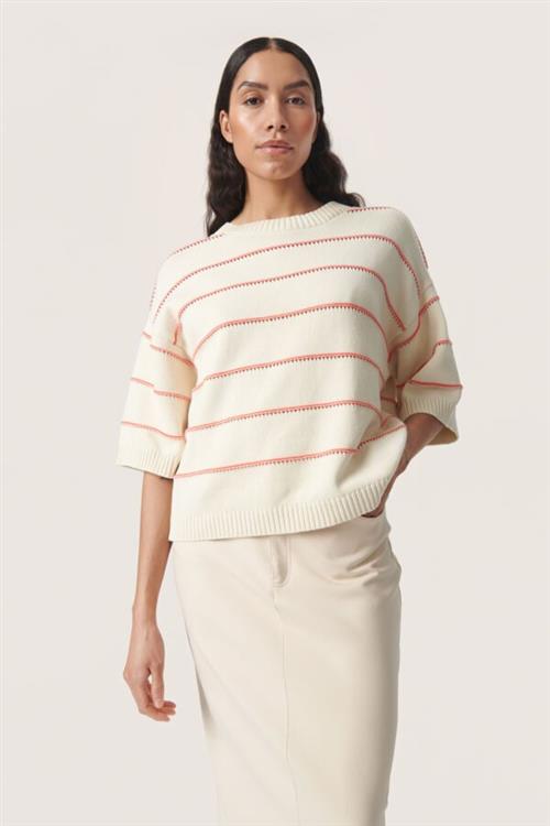 Soaked in Luxury Slrava Romy Pullover Kvinde White And Hot Coral Stripe Sweaters Str S - hos Magasin