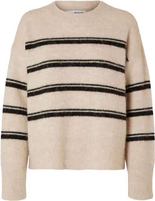 Selected Femme Slfalva LS Stripe Oneck Knit EX Kvinde Birch/black Sweaters Str XS - hos Magasin