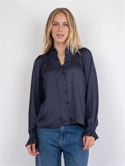 Neo Noir Brielle Satin Blouse Kvinde Midnight Blue Langærmede Bluser Str 44 - hos Magasin