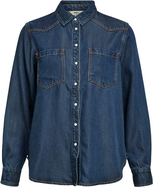 Object Objframe LO L/S Denim Shirt CC1 AW Kvinde Dark Blue Denim Denimskjorter Str 36 Denim - hos Magasin