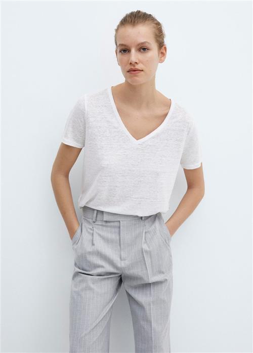 MANGO Vneck Linen T-shirt Kvinde White Kortærmede T-shirts Str L - hos Magasin